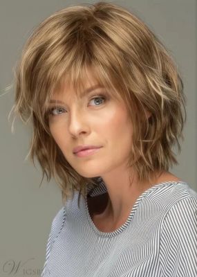 Messy Look Damen Echthaar Perücke Schulterlang – 10 Zoll Wellig mit Stufigem Schnitt & Lace Front